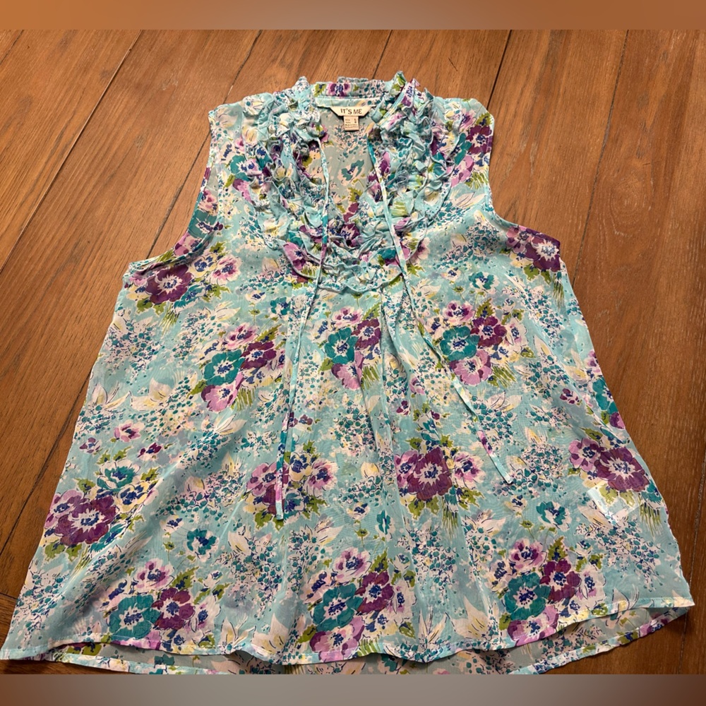Blue and Purple Ruffled Floral Blouse with Bib Collar